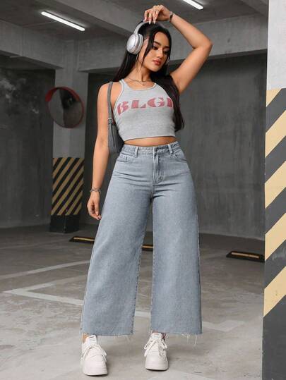 SHEIN ICON بناطيل جينز بساق واسعة ونهاية خام للنساء ب، متعددة الاستخدامات