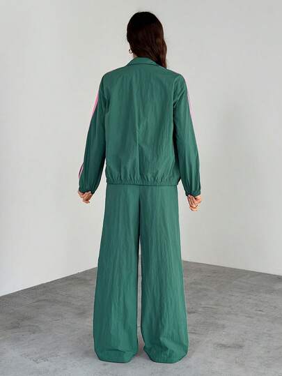 SHEIN Tall مجموعة قطعتين للنساء، جاكيت وبنطلون مخطط ملون منسوج، بدلة رياضية للنساء، مجموعة كاجوال قطعتين