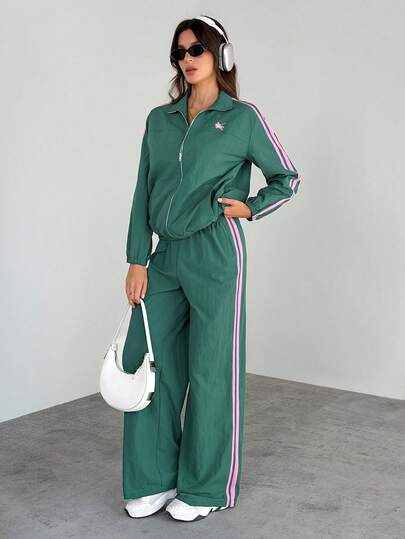 SHEIN Tall مجموعة قطعتين للنساء، جاكيت وبنطلون مخطط ملون منسوج، بدلة رياضية للنساء، مجموعة كاجوال قطعتين