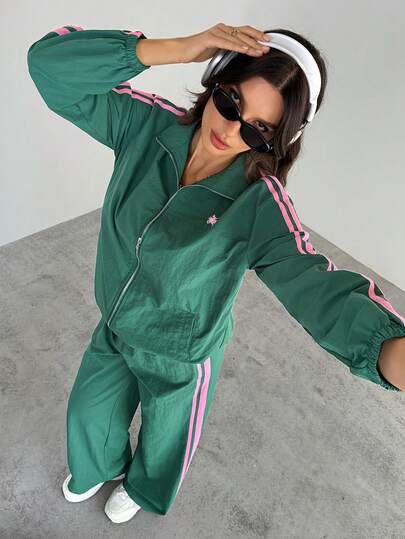 SHEIN Tall مجموعة قطعتين للنساء، جاكيت وبنطلون مخطط ملون منسوج، بدلة رياضية للنساء، مجموعة كاجوال قطعتين