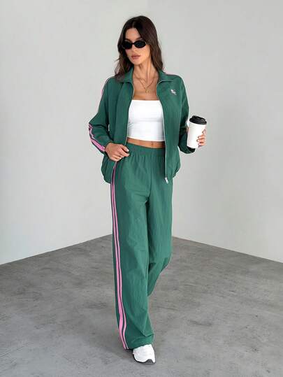 SHEIN Tall مجموعة قطعتين للنساء، جاكيت وبنطلون مخطط ملون منسوج، بدلة رياضية للنساء، مجموعة كاجوال قطعتين