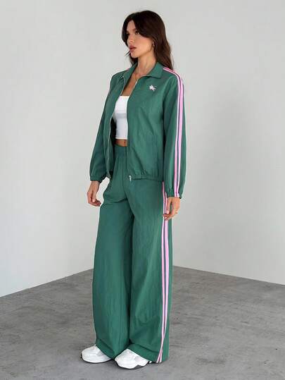 SHEIN Tall مجموعة قطعتين للنساء، جاكيت وبنطلون مخطط ملون منسوج، بدلة رياضية للنساء، مجموعة كاجوال قطعتين