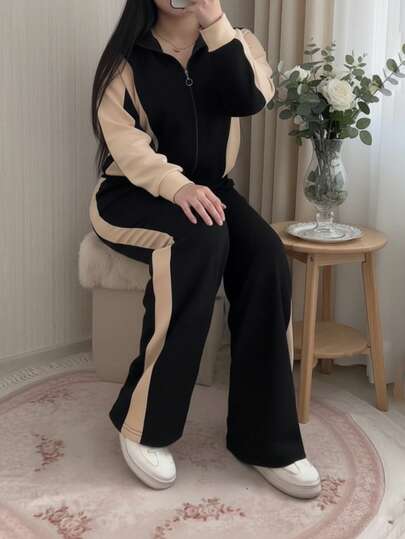 بدلة نسائية مكونة من جاكيت وبنطلون بتصميم لوني متباين ومرقع، مجموعة من قطعتين، مناسبة للخريف والشتاء والربيع باللون الأسود
