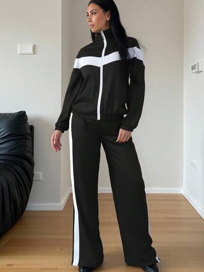 مجموعة هوديي مزركش بألوان متباينة 2 قطعة، مناسب للرياضة والمنزل والمكتب والشارع في الربيع والخريف والشتاء. بلوزة رياضية كبيرة الحجم بأكمام طويلة للنساء في الخريف/الشتاء باللون الأسود