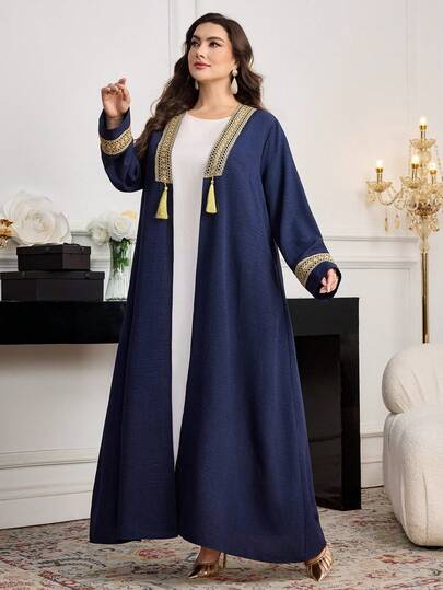 Al Najma رمضان عباية نسائية مقاس كبير مع تطريز ذهبي وشرابات