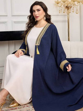 Al Najma رمضان عباية نسائية مقاس كبير مع تطريز ذهبي وشرابات