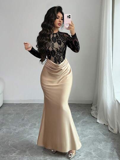 SHEIN Elenzya فستان أنيق أسود بتصميم ذيل السمكة مع تباين الألوان والدانتيل، فستان حريري مطرز بالدانتيل مناسب لحفلات العزاب، حفلات الشاي، فساتين السهرة في فصل الخريف والشتاء، فستان أنيق، هالوين، عيد الميلاد، حفلات، حفلات الزفاف، ريفي، فستان دانتيل شفاف مثي