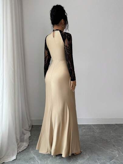 SHEIN Elenzya فستان أنيق أسود بتصميم ذيل السمكة مع تباين الألوان والدانتيل، فستان حريري مطرز بالدانتيل مناسب لحفلات العزاب، حفلات الشاي، فساتين السهرة في فصل الخريف والشتاء، فستان أنيق، هالوين، عيد الميلاد، حفلات، حفلات الزفاف، ريفي، فستان دانتيل شفاف مثي