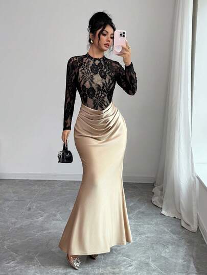 SHEIN Elenzya فستان أنيق أسود بتصميم ذيل السمكة مع تباين الألوان والدانتيل، فستان حريري مطرز بالدانتيل مناسب لحفلات العزاب، حفلات الشاي، فساتين السهرة في فصل الخريف والشتاء، فستان أنيق، هالوين، عيد الميلاد، حفلات، حفلات الزفاف، ريفي، فستان دانتيل شفاف مثي
