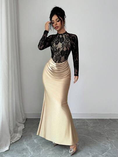SHEIN Elenzya فستان أنيق أسود بتصميم ذيل السمكة مع تباين الألوان والدانتيل، فستان حريري مطرز بالدانتيل مناسب لحفلات العزاب، حفلات الشاي، فساتين السهرة في فصل الخريف والشتاء، فستان أنيق، هالوين، عيد الميلاد، حفلات، حفلات الزفاف، ريفي، فستان دانتيل شفاف مثي
