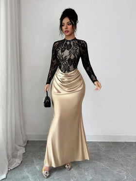 SHEIN Elenzya فستان أنيق أسود بتصميم ذيل السمكة مع تباين الألوان والدانتيل، فستان حريري مطرز بالدانتيل مناسب لحفلات العزاب، حفلات الشاي، فساتين السهرة في فصل الخريف والشتاء، فستان أنيق، هالوين، عيد الميلاد، حفلات، حفلات الزفاف، ريفي، فستان دانتيل شفاف مثي