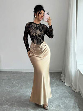 SHEIN Elenzya فستان أنيق أسود بتصميم ذيل السمكة مع تباين الألوان والدانتيل، فستان حريري مطرز بالدانتيل مناسب لحفلات العزاب، حفلات الشاي، فساتين السهرة في فصل الخريف والشتاء، فستان أنيق، هالوين، عيد الميلاد، حفلات، حفلات الزفاف، ريفي، فستان دانتيل شفاف مثي