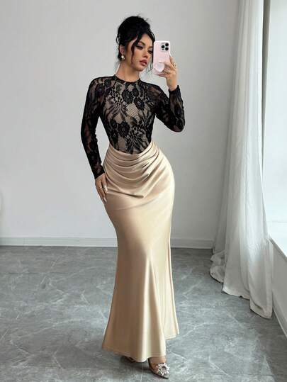 SHEIN Elenzya فستان أنيق أسود بتصميم ذيل السمكة مع تباين الألوان والدانتيل، فستان حريري مطرز بالدانتيل مناسب لحفلات العزاب، حفلات الشاي، فساتين السهرة في فصل الخريف والشتاء، فستان أنيق، هالوين، عيد الميلاد، حفلات، حفلات الزفاف، ريفي، فستان دانتيل شفاف مثي
