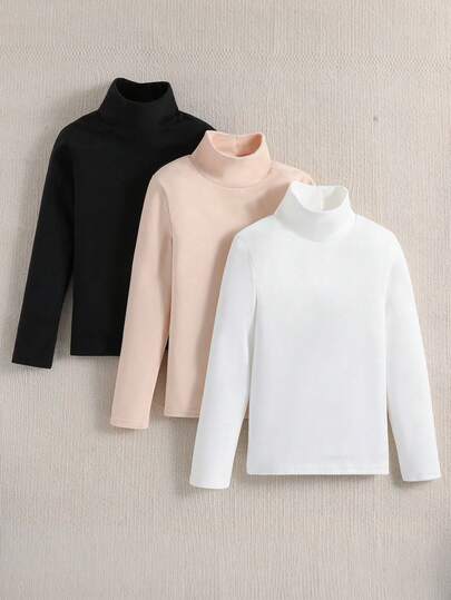 SHEIN Sparklyn 3 قطع/مجموعة قمصان تي شيرت كاجوال للفتيات المراهقات مطبوعة بصور القطط ذات ياقة عالية وأكمام طويلة مبطنة حرارياً