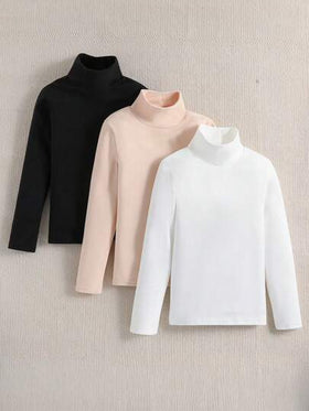 SHEIN Sparklyn 3 قطع/مجموعة قمصان تي شيرت كاجوال للفتيات المراهقات مطبوعة بصور القطط ذات ياقة عالية وأكمام طويلة مبطنة حرارياً