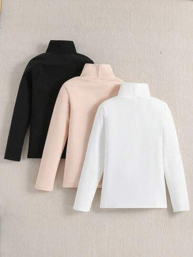 SHEIN Sparklyn 3 قطع/مجموعة قمصان تي شيرت كاجوال للفتيات المراهقات مطبوعة بصور القطط ذات ياقة عالية وأكمام طويلة مبطنة حرارياً