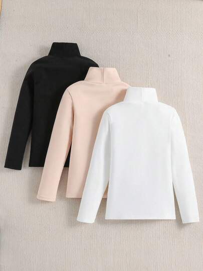 SHEIN Sparklyn 3 قطع/مجموعة قمصان تي شيرت كاجوال للفتيات المراهقات مطبوعة بصور القطط ذات ياقة عالية وأكمام طويلة مبطنة حرارياً