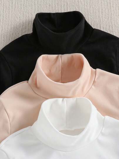SHEIN Sparklyn 3 قطع/مجموعة قمصان تي شيرت كاجوال للفتيات المراهقات مطبوعة بصور القطط ذات ياقة عالية وأكمام طويلة مبطنة حرارياً