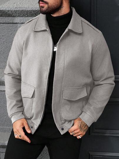 Manfinity CasualCool جاكيت كاجوال بأكمام طويلة وسحاب وجيوب متعددة الاستخدامات، لون أحادي، للرجال، للخريف
