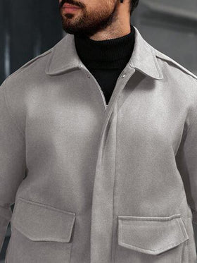 Manfinity CasualCool جاكيت كاجوال بأكمام طويلة وسحاب وجيوب متعددة الاستخدامات، لون أحادي، للرجال، للخريف