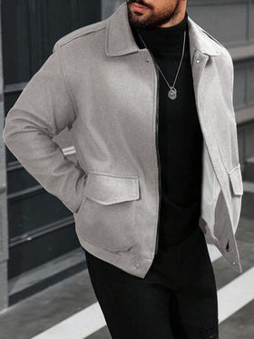 Manfinity CasualCool جاكيت كاجوال بأكمام طويلة وسحاب وجيوب متعددة الاستخدامات، لون أحادي، للرجال، للخريف