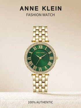 Anne Klein ساعة معصم للسيدات ذهبية اللون بحركة كوارتز، قرص أخضر لامع، مقاومة للماء، حالة فاخرة، موضة رجعية