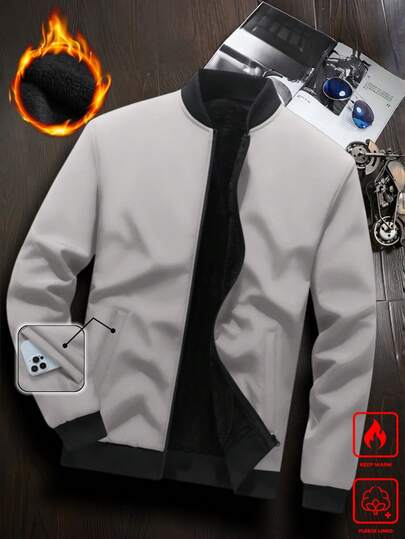 Manfinity Homme جاكيت بيسبول كاجوال من الفليس بياقة سحاب ذات لون متباين، خريف/شتاء