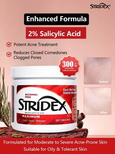 Stridex 55 قطعة من وسادات القطن المنظفة بحمض السالسيليك، تقشير لطيف، مسيطر على الزيوت، مكبر للمسام، تنظيف، تصغير المسام وتفتيح البشرة