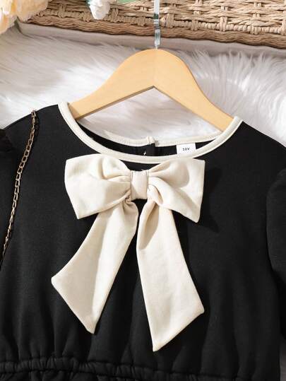 SHEIN فستان بنات طويل الأكمام بخصر مزين بفيونكة، أنيق وأنثوي، مناسب للتنسيق مع معاطف أو سترات خارجية كالمعطف أو الجاكيت الجلدي أو الرياضي