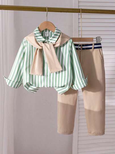 SHEIN قميص كلاسيكي ذو خطوط طويلة الأكمام وكاب للأولاد الصغار، بنطلون بدلة أزرق داكن، أناقة عصرية، مناسب لحفلات عيد الميلاد والحفلات الراقية والمناسبات والأعراس والمعمودية وبداية العام الدراسي وموسم الرياضة