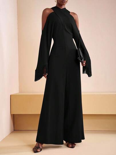 Zivah جمبسوت نسائية أنيقة ذات لون أحمر لامع وياقة على شكل صليب وأكمام طويلة مع شراريب، مناسبة للحفلات والمناسبات اليومية، حفلات البلاد، هالوين، عيد الميلاد، خروجات ليلية، فستان ضيف الزفاف، فستان عيد الميلاد، ملابس البرونش اليومية