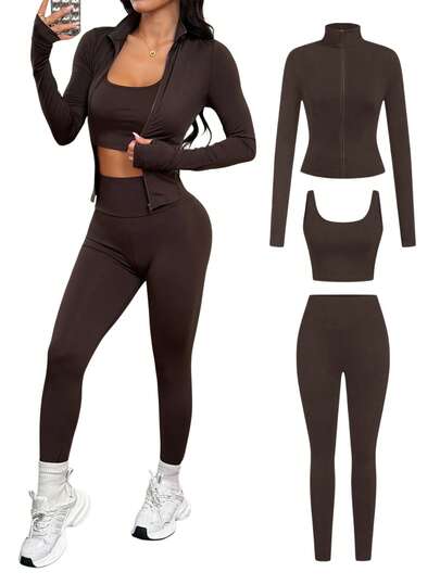 SHEIN PETITE 3 قطع بدلة رياضية نسائية من الأكريليك البني، مناسبة للرياضة كاليوغا والجري والتمارين، وللارتداء اليومي في فصلي الخريف والشتاء