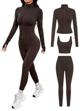 SHEIN PETITE 3 قطع بدلة رياضية نسائية من الأكريليك البني، مناسبة للرياضة كاليوغا والجري والتمارين، وللارتداء اليومي في فصلي الخريف والشتاء