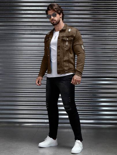 Manfinity Homme جاكيت جينز كاجوال للرجال بأكمام طويلة وجيب أمامي وبأزرار