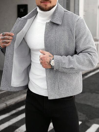 Manfinity CasualCool معطف رمادي طويل الأكمام بياقة وأزرار للرجال، أنيق وكاجوال، مناسب للمناسبات اليومية والأعياد مثل عيد الميلاد وعيد الهالوين، وللأعمال