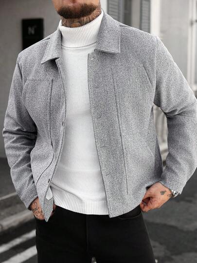 Manfinity CasualCool معطف رمادي طويل الأكمام بياقة وأزرار للرجال، أنيق وكاجوال، مناسب للمناسبات اليومية والأعياد مثل عيد الميلاد وعيد الهالوين، وللأعمال