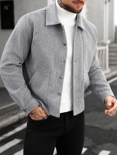 Manfinity CasualCool معطف رمادي طويل الأكمام بياقة وأزرار للرجال، أنيق وكاجوال، مناسب للمناسبات اليومية والأعياد مثل عيد الميلاد وعيد الهالوين، وللأعمال