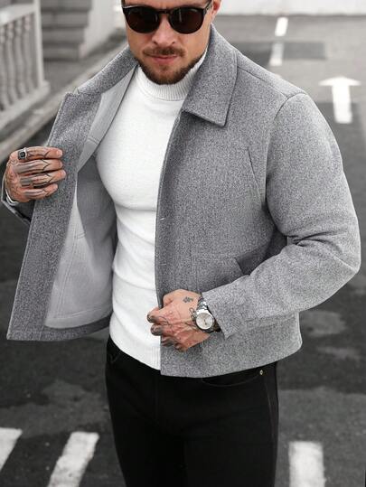 Manfinity CasualCool معطف رمادي طويل الأكمام بياقة وأزرار للرجال، أنيق وكاجوال، مناسب للمناسبات اليومية والأعياد مثل عيد الميلاد وعيد الهالوين، وللأعمال