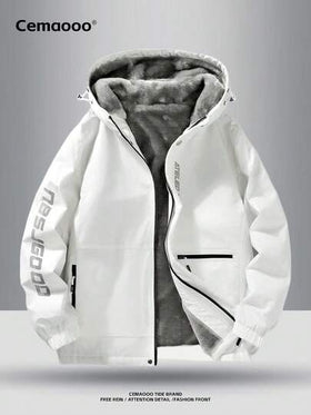 معطف شتوي للرجال مبطن حراري سميك ودافئ بتصميم فضفاض وأكمام طويلة، مطبوع عليه حرف على الذراع الأمامي، جيوب جانبية مزودة بسحاب، أساور وحافة مرنة، ناعم ومريح
