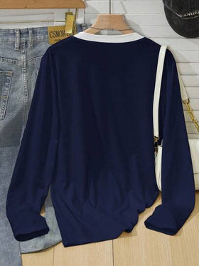 SHEIN بلوزات كم طويل رقبة على شكل حرف V للبنات المراهقات باللون الأزرق الكحلي، بطبعة فراشة بسيطة، مناسبة للارتداء في فصلي الخريف والشتاء، متعددة الاستخدامات للارتداء اليومي، المدرسة، الخروجات، الرياضة وغيرها