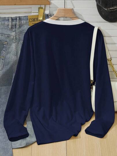 SHEIN بلوزات كم طويل رقبة على شكل حرف V للبنات المراهقات باللون الأزرق الكحلي، بطبعة فراشة بسيطة، مناسبة للارتداء في فصلي الخريف والشتاء، متعددة الاستخدامات للارتداء اليومي، المدرسة، الخروجات، الرياضة وغيرها