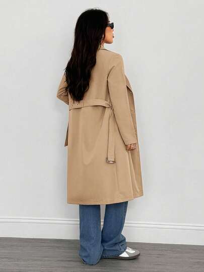 SHEIN PETITE معطف طويل أنيق بأكمام طويلة للنساء، مناسب للشتاء وليلة رأس السنة والأعمال، معطف خارجي طويل للشتاء