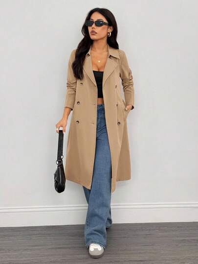 SHEIN PETITE معطف طويل أنيق بأكمام طويلة للنساء، مناسب للشتاء وليلة رأس السنة والأعمال، معطف خارجي طويل للشتاء