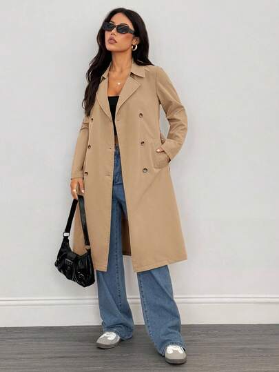 SHEIN PETITE معطف طويل أنيق بأكمام طويلة للنساء، مناسب للشتاء وليلة رأس السنة والأعمال، معطف خارجي طويل للشتاء
