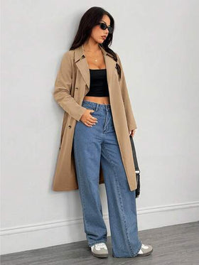 SHEIN PETITE معطف طويل أنيق بأكمام طويلة للنساء، مناسب للشتاء وليلة رأس السنة والأعمال، معطف خارجي طويل للشتاء