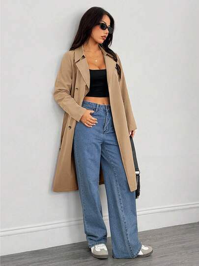 SHEIN PETITE معطف طويل أنيق بأكمام طويلة للنساء، مناسب للشتاء وليلة رأس السنة والأعمال، معطف خارجي طويل للشتاء