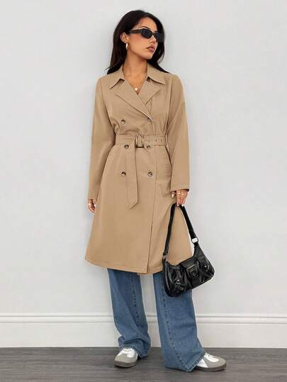 SHEIN PETITE معطف طويل أنيق بأكمام طويلة للنساء، مناسب للشتاء وليلة رأس السنة والأعمال، معطف خارجي طويل للشتاء