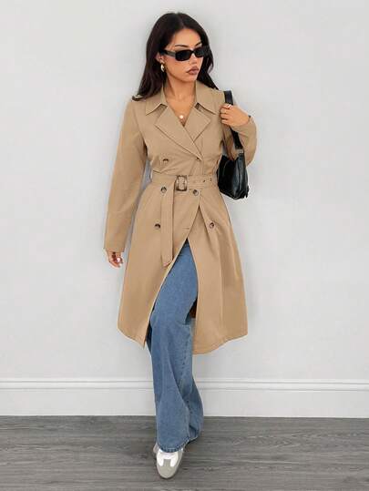 SHEIN PETITE معطف طويل أنيق بأكمام طويلة للنساء، مناسب للشتاء وليلة رأس السنة والأعمال، معطف خارجي طويل للشتاء