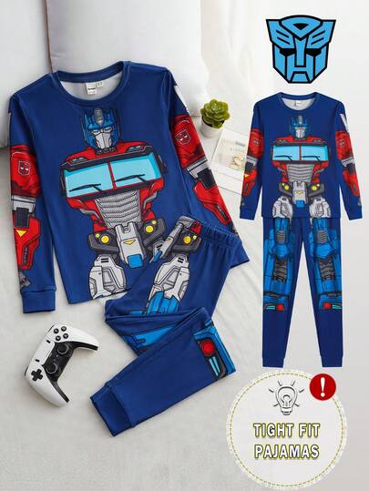 Transformers X SHEIN طقم بيجامة مكون من ملابس علوية رقبة طاقم مطبوع عليها طباعة روبوت وبنطلون مرن ملائم للمراهقين، مناسب للخريف والشتاء