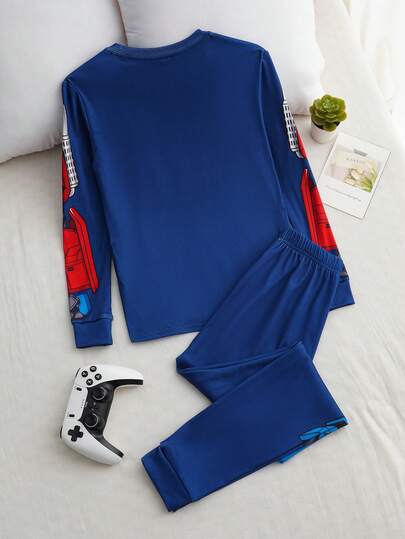 Transformers X SHEIN طقم بيجامة مكون من ملابس علوية رقبة طاقم مطبوع عليها طباعة روبوت وبنطلون مرن ملائم للمراهقين، مناسب للخريف والشتاء